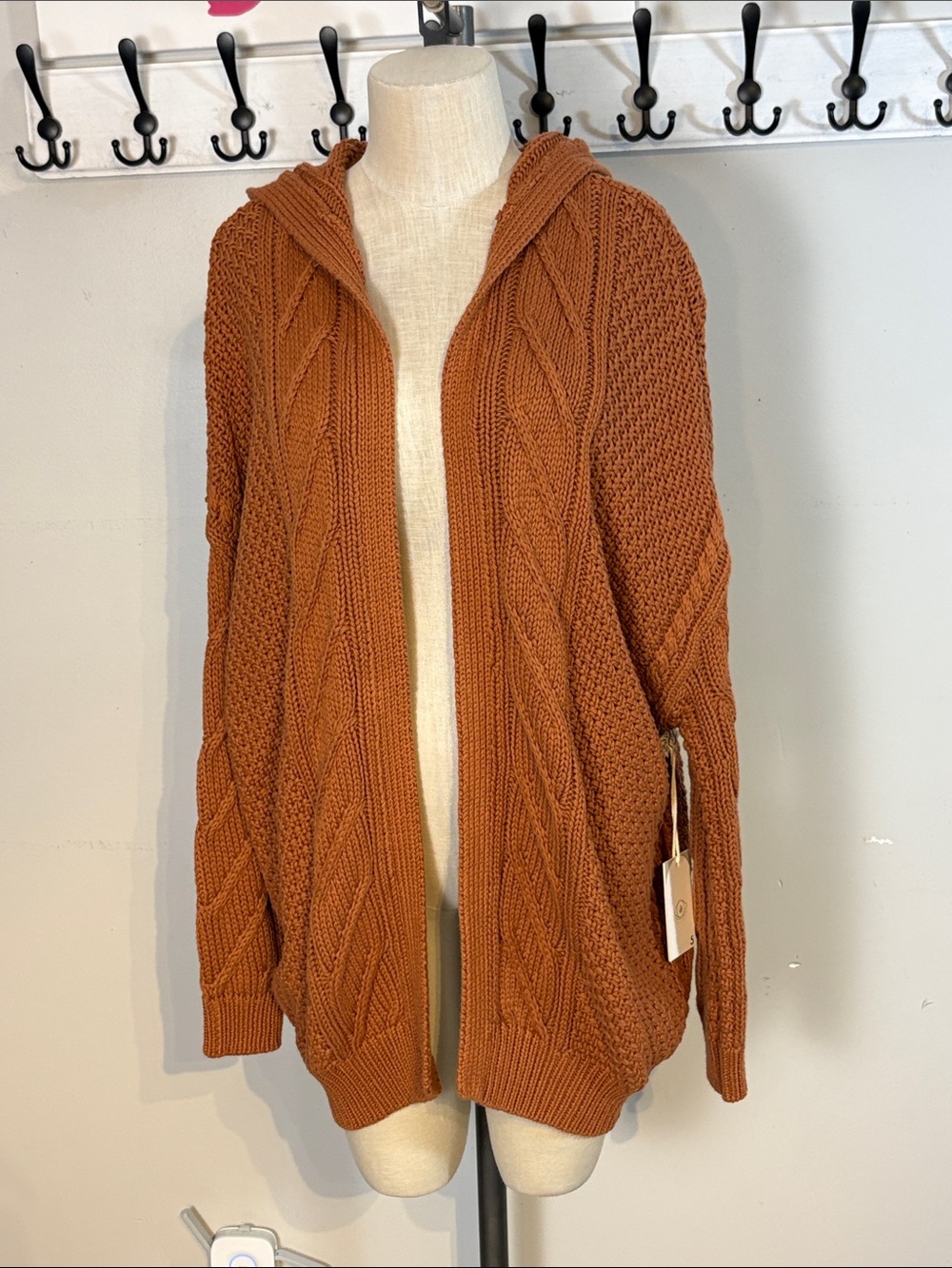 Jackson Rowe Hooded Cable-Knit Cardigan in Rust Orange